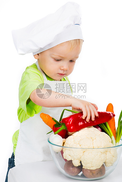 带蔬菜的男孩饮食食物乐趣男性快乐童年营养微笑厨师婴儿图片