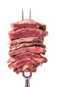 肉叉上的牛排切片银器烧烤牛肉镂空白色金属棕色食物用餐刀具图片