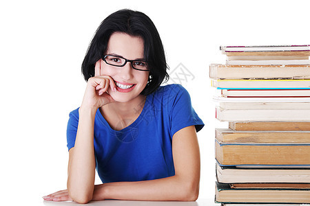 有书籍的年轻女学生历史多样性书店知识文学眼镜女性字典教育女孩图片