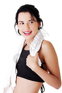 身着运动服 脖子上毛巾的妇女青少年女孩健身房成人女性黑发训练运动数字微笑图片