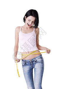 测量腰部的年轻女子微笑减肥女孩身体磁带数字组织腰围女士重量图片