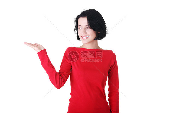 女性在手掌上复制空间成人棕榈广告手臂喜悦快乐手指手势黑发产品图片