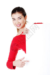 带着空白纸板的年轻快乐少女肖像女孩女士木板公告管理人员推介会商业卡片展示成人图片