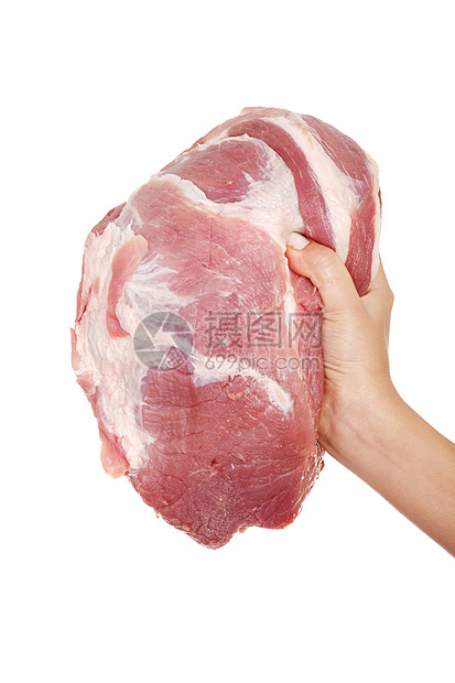 女性手握生猪肉猪肉牛肉杂货店红色奶牛白色鱼片肌肉牛扒食物图片