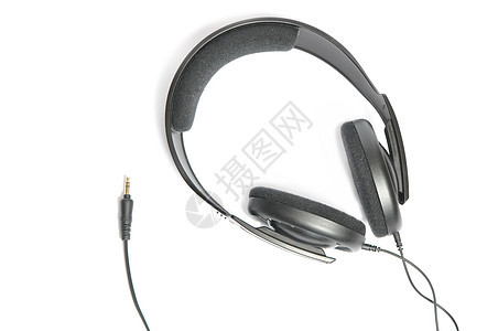 白色上孤立的耳机扬声器生活电子产品机动性电气服务电话电缆黑色流行音乐图片