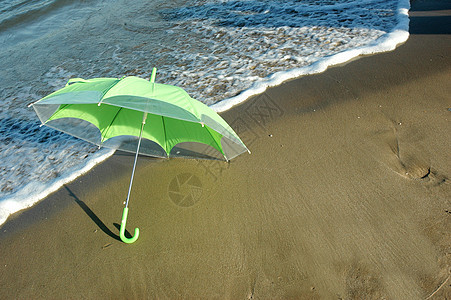 海滩上的绿伞海浪风景旅行叶子植物太阳天空椰子热带晴天图片