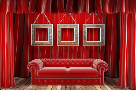 装有框架和沙发的红布窗帘展览木头奖项歌剧装潢衣服奢华边界画廊座位图片