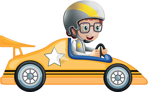 一个女孩骑着她的黄赛车白色安全黄色卡通片孩子们孩子圆圈星星赛车乐趣图片