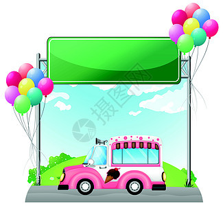 粉红色冰淇淋巴士靠近空绿板杂草喇叭菜单街道海报交通木板公共汽车框架运输图片