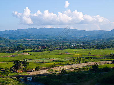 Mae Suay 水库附近的Paddy田和Moustain风景 清瑞木头假期驾驶天气旅行宝塔水景天空国家稻田图片