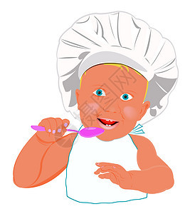为婴儿提供健康营养食品水果食物围兜微笑用餐牛奶勺子早餐稀饭甜点图片