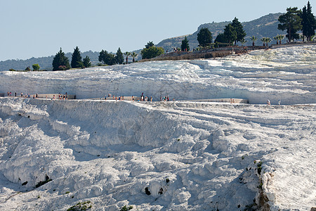土耳其帕穆卡勒的特雷弗丁池和梯田地质学假期岩石游客碳酸盐瀑布订金青色地标编队图片