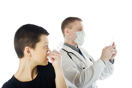 女童和医生手帕流感注射器注射面巾纸疾病细菌罩衫过敏药品图片