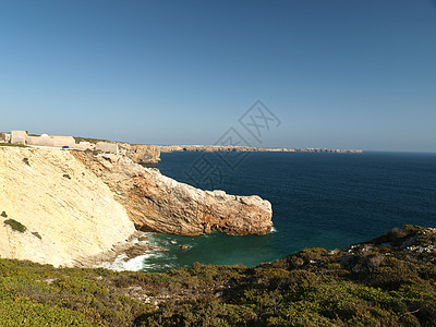 葡萄牙圣文森特角附近的古迹悬崖海岸海岸线海洋荒野波浪全景石窟保险旅行灯塔蓝色图片