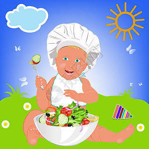 儿童厨师和新鲜蔬菜沙拉插图营养配件小吃洋葱身体孩子食物胡椒黄瓜图片