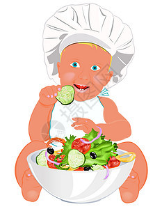 白种背景的儿童厨师和新鲜蔬菜沙拉图片