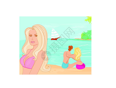 在热带海滩上的女孩和情侣图片