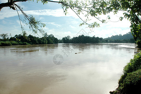 印度尼西亚塔拉坎一个村庄的河水风景天线晴天爬坡反射草地天空石头河岸阳光土地图片