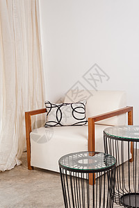 在客厅里坐着明亮的白色椅子地面休息室奢华桌子家具建筑学设计师枕头房间公寓图片