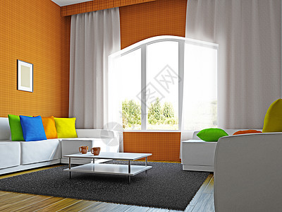 带家具的客厅地面艺术装饰座位窗帘橙子枕头时尚长椅地毯图片