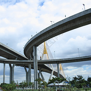 Bhumibol桥密蓬运输路口植物蓝色建筑公园场景草原草地图片