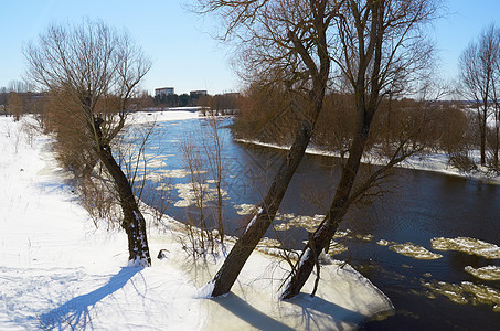 冬季河公园运动大雪反射木头树木天气溪流寒冷季节图片
