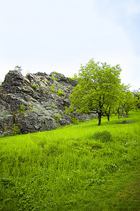 用绿色的岩石对着蓝色的天空和云彩旅行苔藓场景风景土地树木城市森林爬坡叶子图片