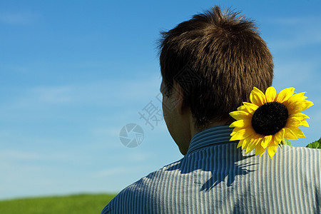 青年男子在绿地上与向日葵站在一起幸福衬衫男人男性繁荣植物地平线微笑摄影阳光图片