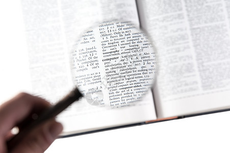 计算机单词上的放大镜面英语镜片技术水平白色诊断字典电脑知识词典图片