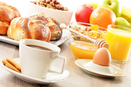 早餐 包括咖啡 面包 蜂蜜 橙汁 梅斯利a厨房牛奶种子均衡饮食坚果健康桌子粮食玻璃图片