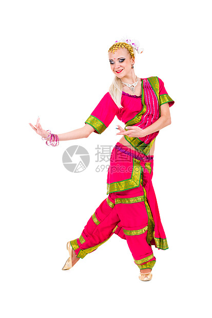 印地安妇女舞蹈全长肖像展示裙子微笑文化腰带腹部女性舞蹈家衣服艺术图片