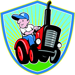 农民驾驶旧式拖拉机卡通卡通片机器插图工人机械艺术品农业图片