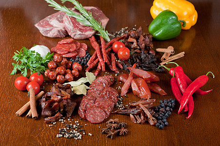 肉类和香肠食物叶子蔬菜美食治愈团体熏制桌子火腿香菜图片
