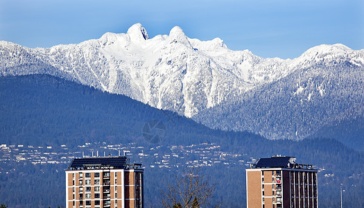 温哥华天际线白雪皑皑的两狮山不列颠哥伦比亚省图片