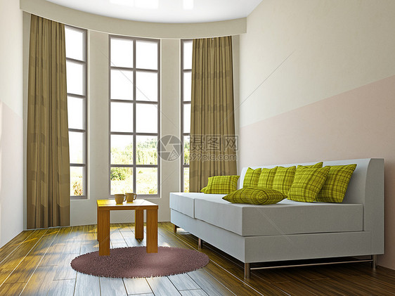带家具的客厅座位艺术地面生活公寓工作室长椅枕头桌子地毯图片