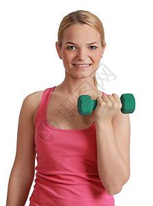 带哑铃的年轻女子肌肉微笑女孩力量健身房女性成人杠铃举重手臂图片