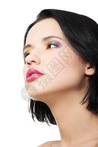 美丽的黑发美女 彩虹化妆女士皮肤化妆品眼睛艺术睫毛膏阴影嘴唇魅力创造力图片