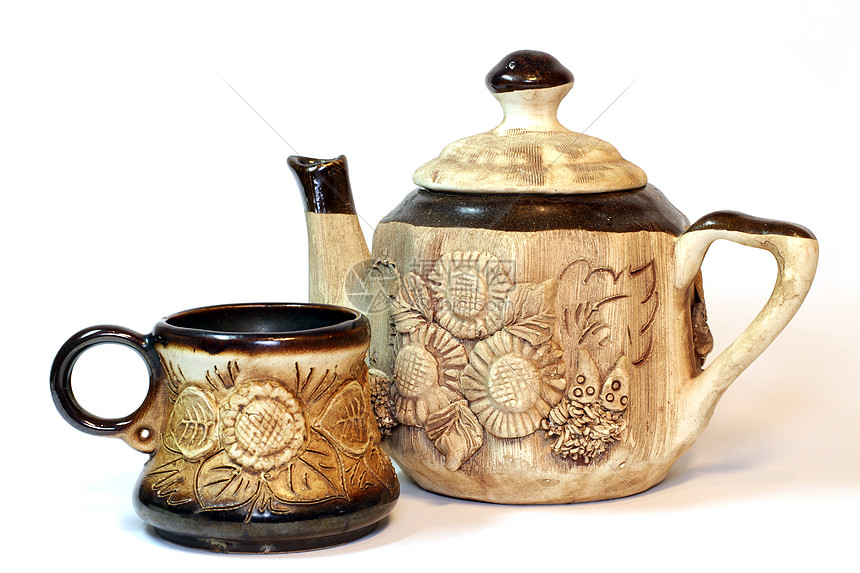 棕色共青瓷(茶)杯和茶壶图片