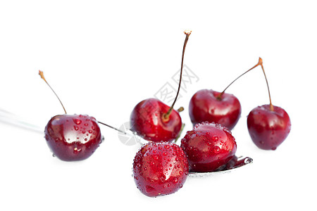 白勺子中含水滴的樱桃 白勺子与白勺子隔绝食物水果浆果紫色美食摄影藤蔓叶子植物图片