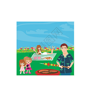一个家庭在公园野餐的矢量插图母性闲暇绘画山脉娱乐晴天女士男人午餐烧烤图片
