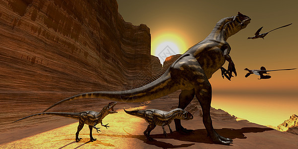 日落时的插图牙齿爬虫飞行庞然大物生物动物航班翅膀脊椎动物背景图片