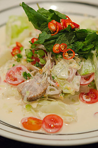 辣辣沙拉盘子绿色美食猪肉红色沙拉蔬菜食物图片