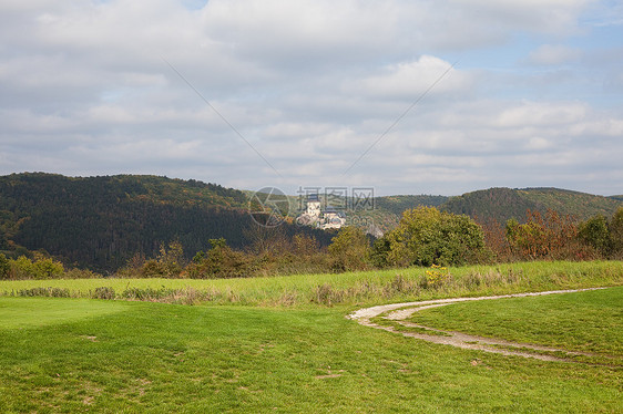 在中世纪城堡和山丘背景的田地上图片
