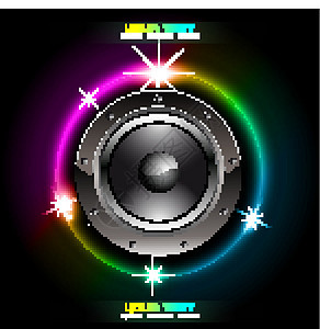 未来演讲者与灯光在后面彩虹派对圆圈技术星星闪光扬声器音乐海浪打碟机图片