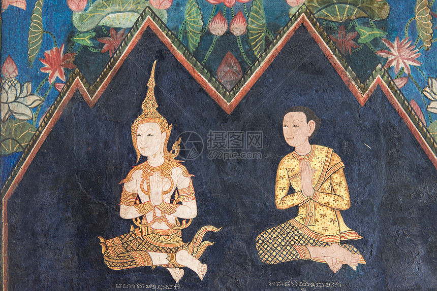 在男女中勾画泰国佛祖神的古迹数字装饰精神信仰绘画墙纸宗教上帝寺庙金子图片
