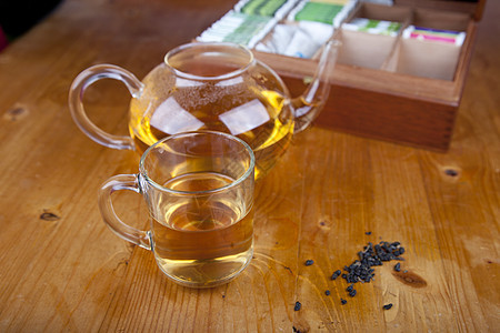 茶杯和木制桌上的茶茶食物英语杯子飞碟玻璃草本植物早餐饮料薄荷餐具图片