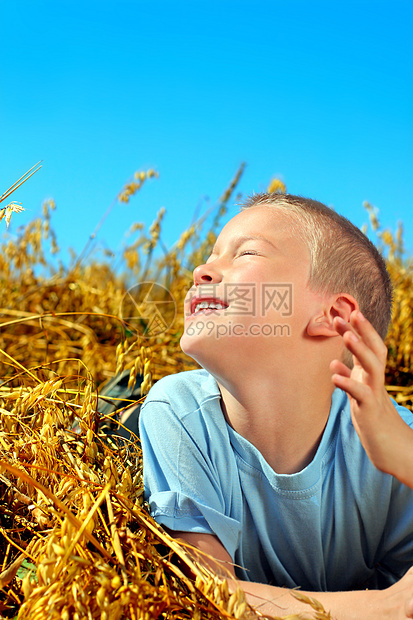 男孩在战场上童年天空幸福青少年孩子草地场地阳光收成小伙子图片