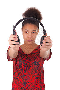 带耳机的非裔美洲青年妇女享受音乐青少年黑色幸福收音机女孩女性歌曲娱乐图片