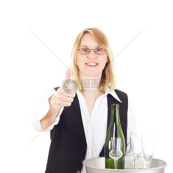 带饭盘的服务员喜庆服务酒吧饮料职业拇指工作餐盘推介会女性图片