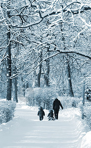 冬季步行森林孩子们女士蓝色白色季节性孩子公园母亲图片